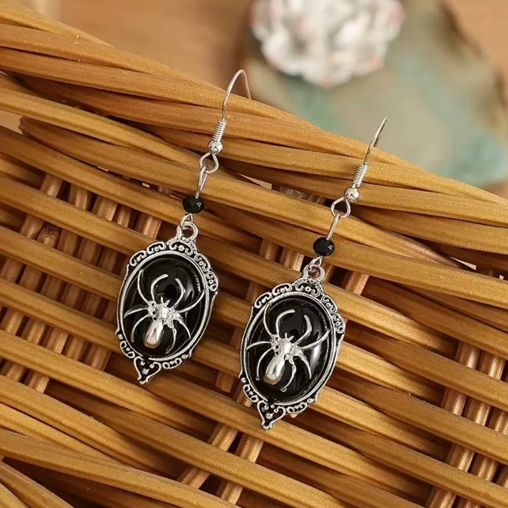 Gothic Retro Style Black Gemstone Spider Earrings Faux Fashion Jewelry‎